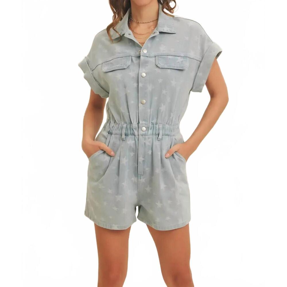 NEW IN FEBRUARY denim star romper in blue